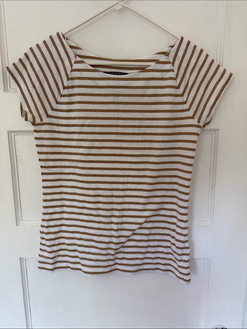 Lauren Ralph Lauren White and Gold Striped Short-Sleeve Boatneck Tee